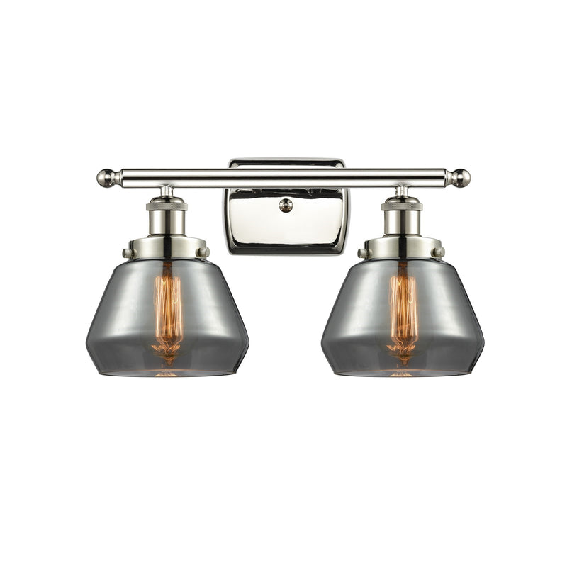 Innovations Fulton 17in 2-Light Bath Vanity Light | Modern Contempo Polished Nickel Steel and Light Smoke Glass Schoolhouse Shade | Model 916-2W-PN-G173