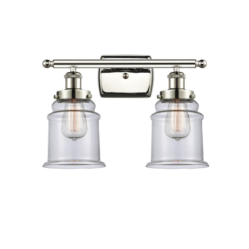 Innovations Canton 16in 2-Light Bath Vanity Light | Modern Contempo Polished Nickel Steel and Clear Glass Schoolhouse Shade | Model 916-2W-PN-G182