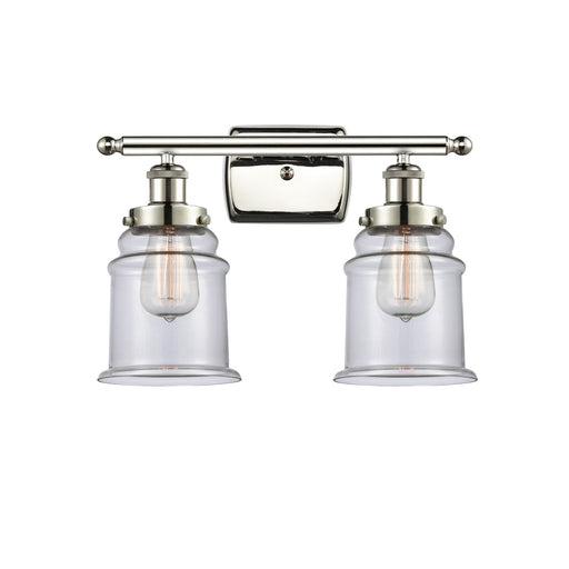 Innovations Canton 16in 2-Light Bath Vanity Light | Modern Contempo Polished Nickel Steel and Clear Glass Schoolhouse Shade | Model 916-2W-PN-G182