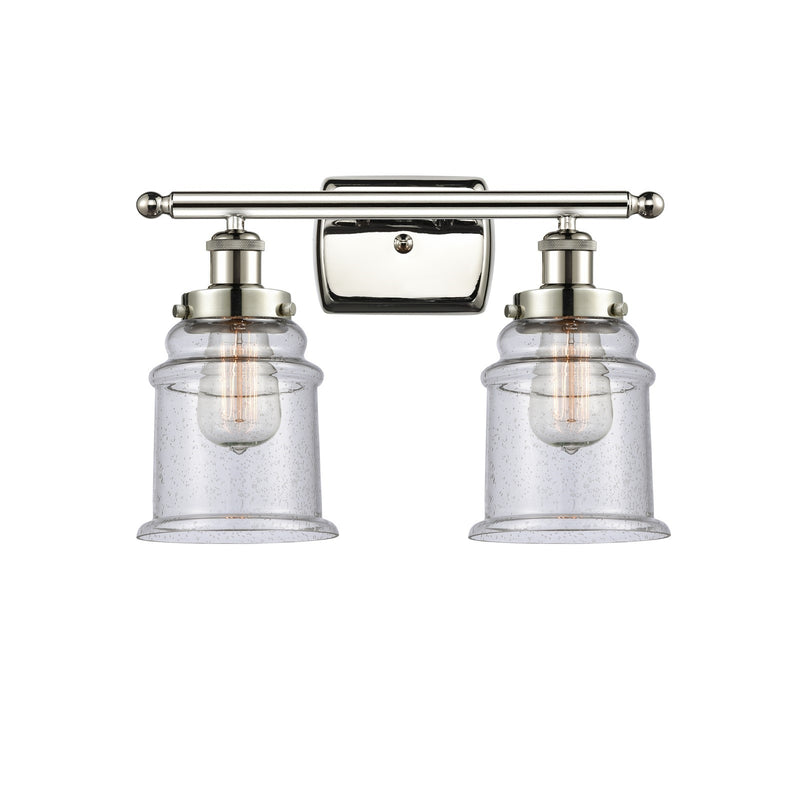 Innovations Canton 16in 2-Light Bath Vanity Light | Polished Nickel Steel and Seedy Glass Schoolhouse Shade | Bathroom Vanity | Model 916-2W-PN-G184