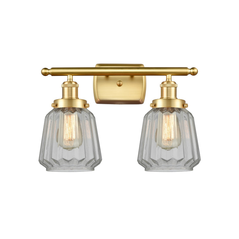 Innovations Chatham 17in 2-Light Bath Vanity Light | Modern Transitional Satin Gold Steel and Clear Ribbed Glass | Bathroom Vanity | Model 916-2W-SG-G142