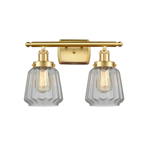 Innovations Chatham 17in 2-Light Bath Vanity Light | Modern Transitional Satin Gold Steel and Clear Ribbed Glass | Bathroom Vanity | Model 916-2W-SG-G142