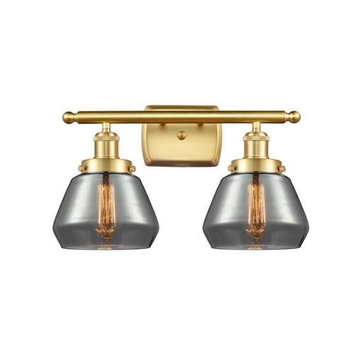 Innovations Fulton 17in 2-Light Bath Vanity Light | Modern Transitional Satin Gold Steel and Smoked Glass Schoolhouse Shade | Model 916-2W-SG-G173