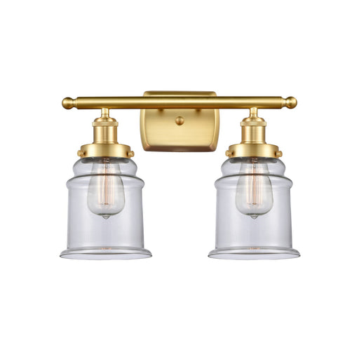Innovations Canton 16in 2-Light Bath Vanity Light | Modern Contempo Satin Gold Steel and Clear Glass Schoolhouse Shade | Bathroom | Model 916-2W-SG-G182