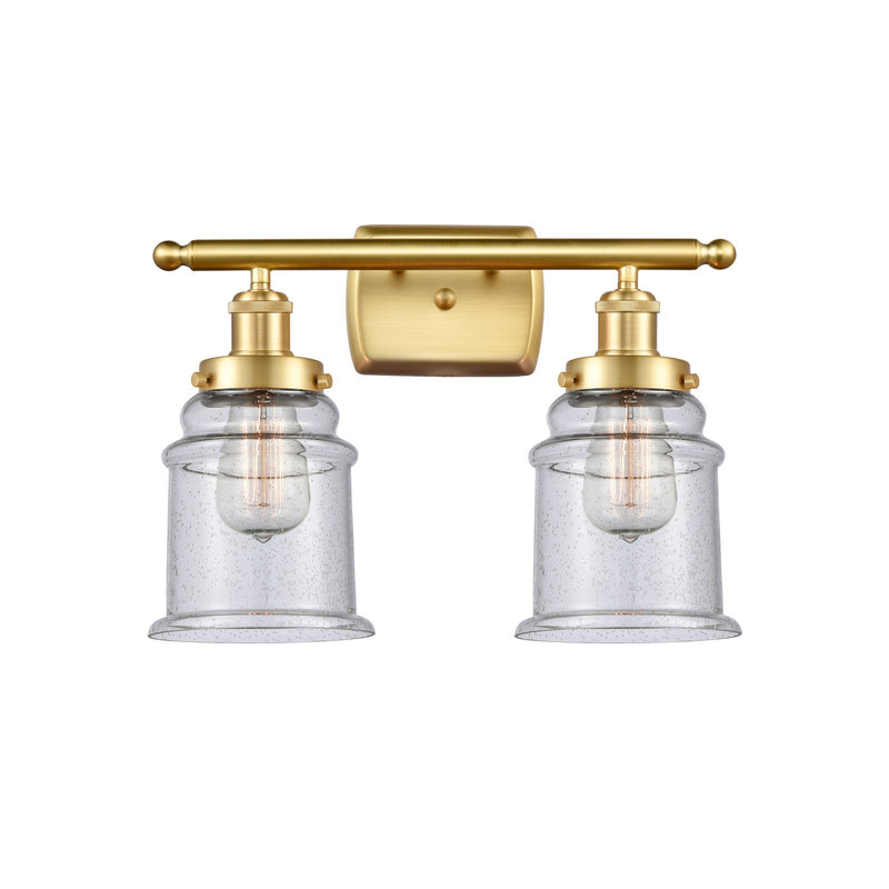Innovations Canton 16in 2-Light Bath Vanity Light | Modern Contempo Satin Gold Steel and Seedy Glass Schoolhouse Shade | Bathroom | Model 916-2W-SG-G184