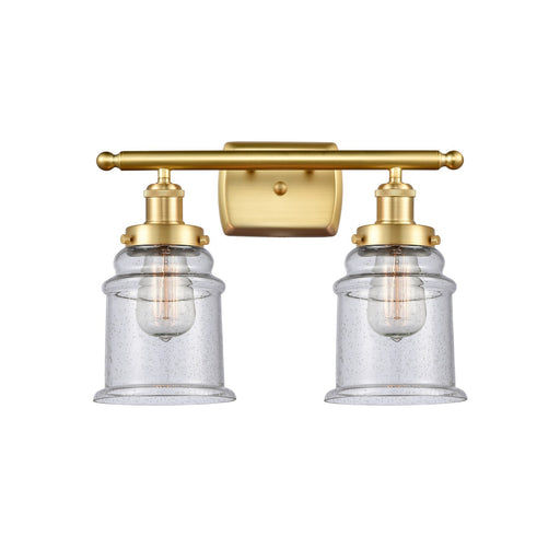 Innovations Canton 16in 2-Light Bath Vanity Light | Modern Contempo Satin Gold Steel and Seedy Glass Schoolhouse Shade | Bathroom | Model 916-2W-SG-G184