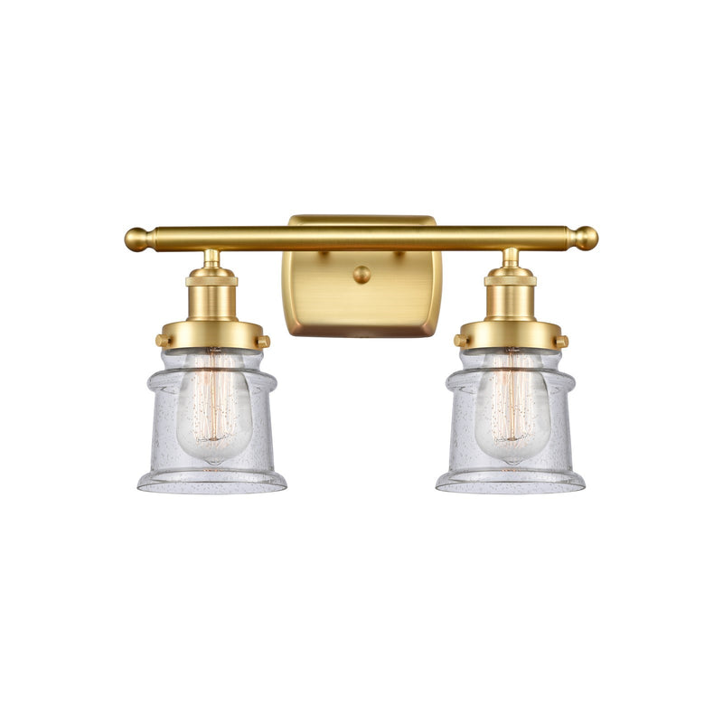 Innovations Canton 15.25in 2-Light Bath Vanity Light | Modern Contempo Satin Gold Steel and Seedy Glass Schoolhouse Shade | Model 916-2W-SG-G184S