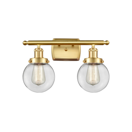 Innovations Beacon 16in 2-Light Bath Vanity Light | Modern Transitional Satin Gold Steel and Clear Glass | Bathroom Vanity | Model 916-2W-SG-G202-6