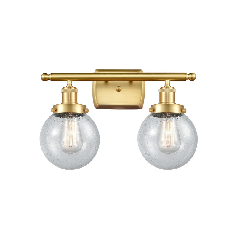 Innovations Beacon 16in 2-Light Bath Vanity Light | Modern Transitional Satin Gold Steel and Seedy Glass | Bathroom Vanity | Model 916-2W-SG-G204-6
