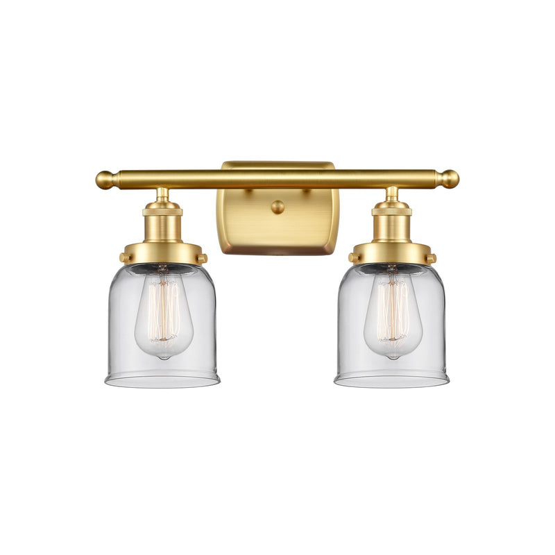 Innovations Bell 16in 2-Light Bath Vanity Light | Industrial Satin Gold Steel and Clear Glass | Bathroom Vanity | 16 x 12 x 6.5 in | Model 916-2W-SG-G52
