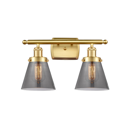 Innovations Cone 16in 2-Light Bath Vanity Light | Industrial Satin Gold Steel and Light Smoke Glass | Bathroom Vanity | 16 x 11 in | Model 916-2W-SG-G63