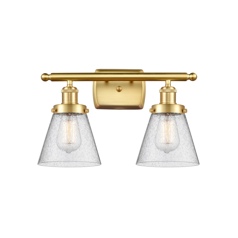 Innovations Cone 16in 2-Light Bath Vanity Light | Industrial Satin Gold Steel and Seedy Glass | Bathroom Vanity | 16 x 11 in | Model 916-2W-SG-G64