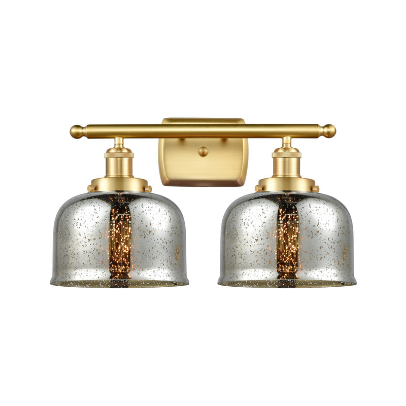 Innovations Bell 18in 2-Light Bath Vanity Light | Industrial Satin Gold Steel and Silver Plated Mercury Glass | Bathroom Vanity | Model 916-2W-SG-G78
