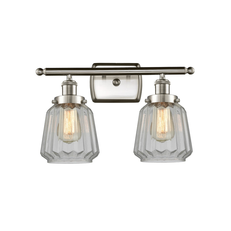 Innovations Chatham 17in 2-Light Bath Vanity Light | Modern Transitional Brushed Satin Nickel Steel and Cast Brass with Clear | Model 916-2W-SN-G142