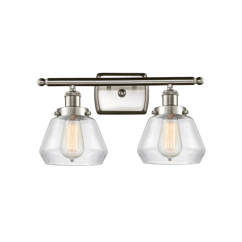 Innovations Fulton 17in 2-Light Bath Vanity | Modern Transitional Brushed Satin Nickel Steel and Clear Glass Schoolhouse Shade | Model 916-2W-SN-G172