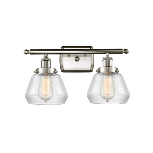 Innovations Fulton 17in 2-Light Bath Vanity | Modern Transitional Brushed Satin Nickel Steel and Clear Glass Schoolhouse Shade | Model 916-2W-SN-G172