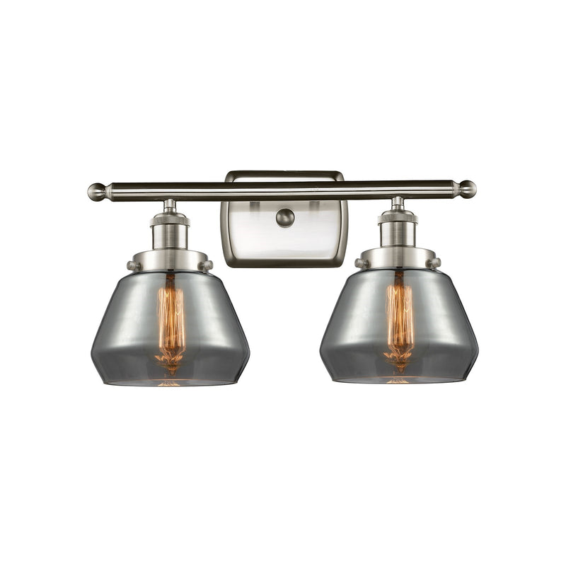 Innovations Fulton 17in 2-Light Bath Vanity | Modern Transitional Brushed Satin Nickel Steel and Light Smoke Glass Schoolhouse | Model 916-2W-SN-G173