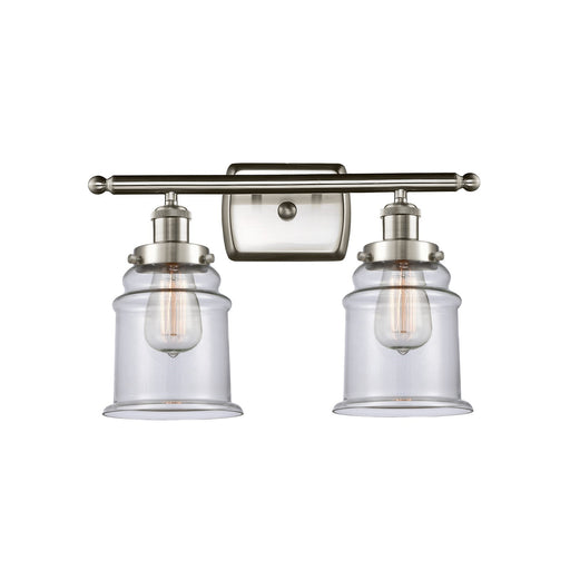 Innovations Canton 16in 2-Light Bath Vanity | Modern Contempo Brushed Satin Nickel and Clear Glass Schoolhouse Shade | Bathroom | Model 916-2W-SN-G182
