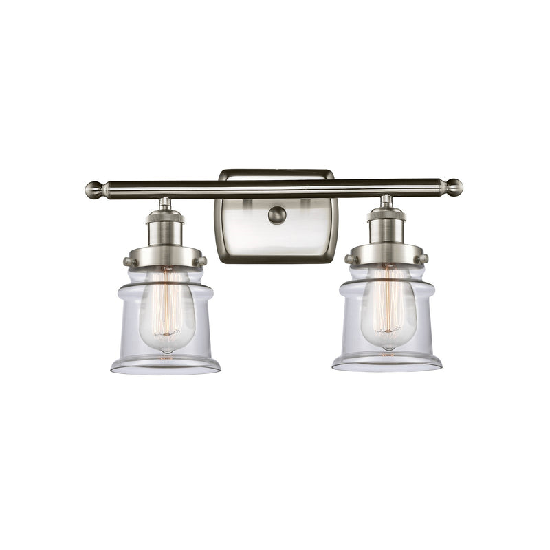 Innovations Canton 15.25in 2-Light Bath Vanity | Modern Contempo Brushed Satin Nickel and Clear Glass Schoolhouse Shade | Bathroom | Model 916-2W-SN-G182S