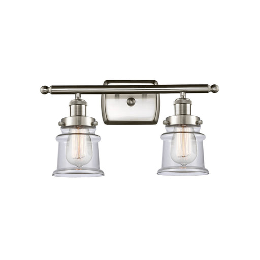 Innovations Canton 15.25in 2-Light Bath Vanity | Modern Contempo Brushed Satin Nickel and Clear Glass Schoolhouse Shade | Bathroom | Model 916-2W-SN-G182S