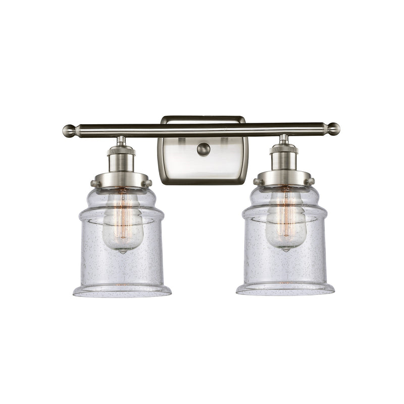 Innovations Canton 16in 2-Light Bath Vanity | Modern Contempo Brushed Satin Nickel and Seedy Glass Schoolhouse Shade | Bathroom | Model 916-2W-SN-G184
