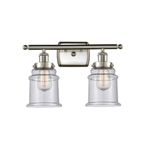 Innovations Canton 16in 2-Light Bath Vanity | Modern Contempo Brushed Satin Nickel and Seedy Glass Schoolhouse Shade | Bathroom | Model 916-2W-SN-G184