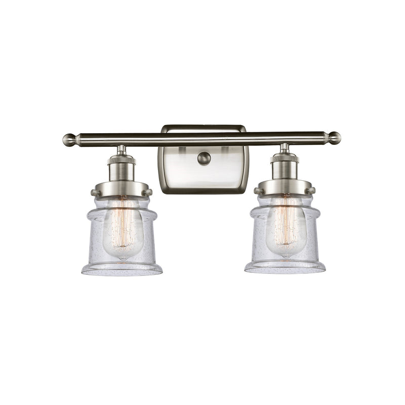 Innovations Canton 15.25in 2-Light Bath Vanity | Modern Contempo Brushed Satin Nickel and Seedy Glass Schoolhouse Shade | Bathroom | Model 916-2W-SN-G184S