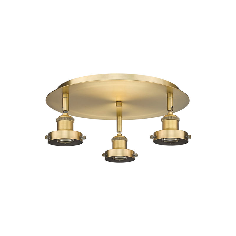 Innovations Ballston Urban 15in 3-Light Semi-Flush Mount | Industrial Brushed Brass | Damp Rated Entryway & Hallway | 15 x 5 in | Model 916-3C-BB