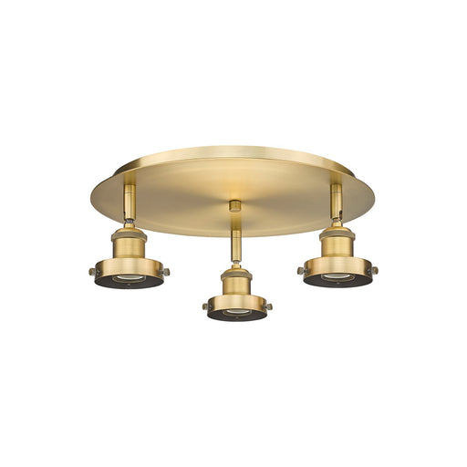 Innovations Ballston Urban 15in 3-Light Semi-Flush Mount | Industrial Brushed Brass | Damp Rated Entryway & Hallway | 15 x 5 in | Model 916-3C-BB