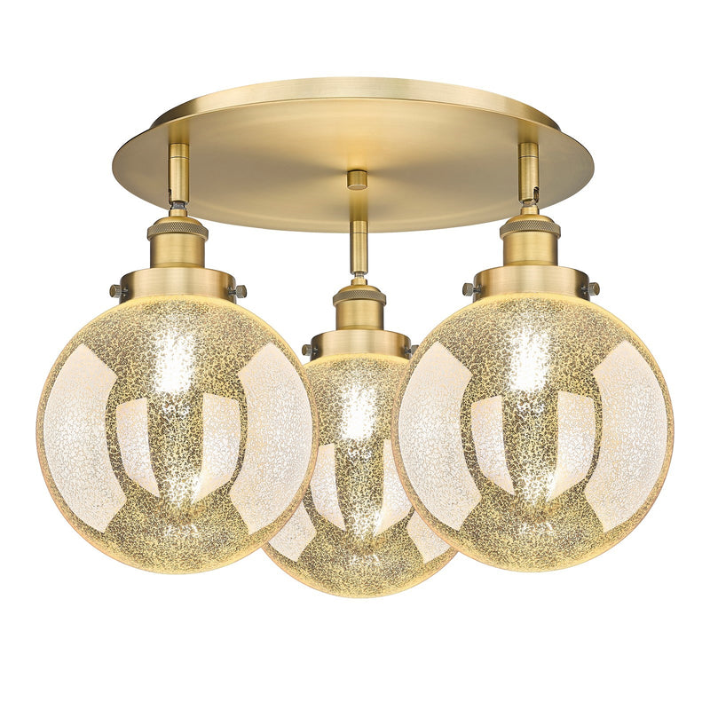 Innovations Beacon 20in 3-Light Semi-Flush Mount | Industrial Brushed Brass and Mercury Glass Shade | Damp Rated Entryway & | Model 916-3C-BB-G208-8
