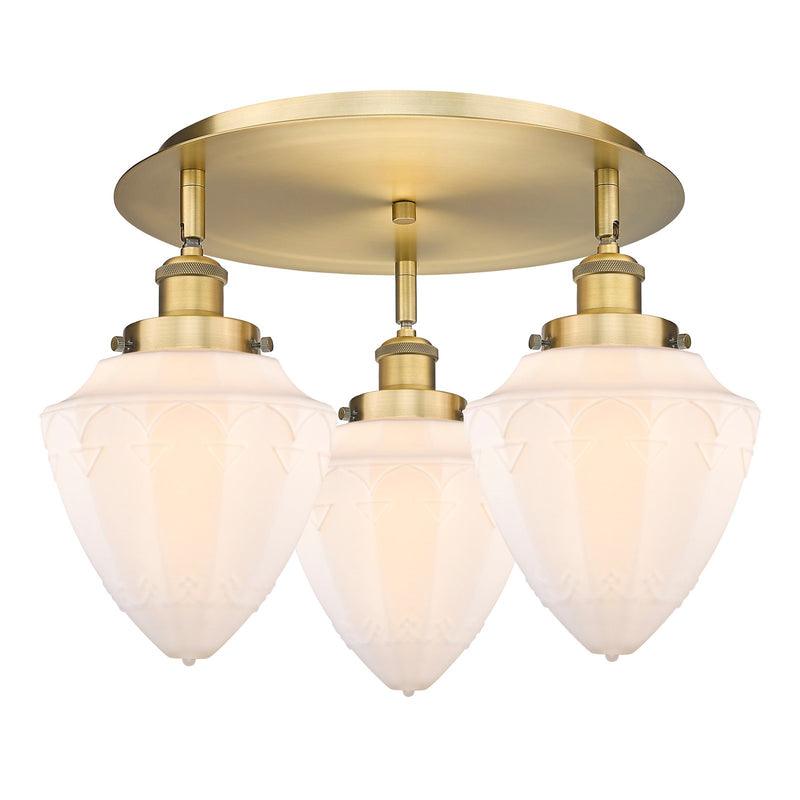 Innovations Bullet 18.75in 3-Light Semi-Flush Mount | Industrial Brushed Brass Steel and Matte White Frosted Glass | Kitchen & | Model 916-3C-BB-G661-7