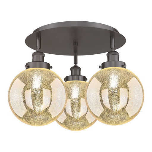Innovations Beacon 20in 3-Light Semi-Flush Mount | Industrial Oil Rubbed Bronze Steel and Cast Brass with Mercury Glass Globe | Model 916-3C-OB-G208-8