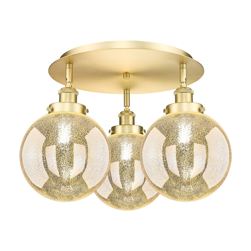 Innovations Beacon 20in 3-Light Semi-Flush Mount | Industrial Satin Gold Steel and Mercury Glass | Damp-Rated Entryway & Hallway | Model 916-3C-SG-G208-8