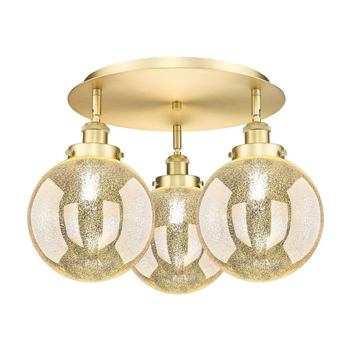 Innovations Beacon 20in 3-Light Semi-Flush Mount | Industrial Satin Gold Steel and Mercury Glass | Damp-Rated Entryway & Hallway | Model 916-3C-SG-G208-8