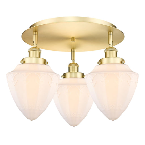 Innovations Bullet 19in 3-Light Semi-Flush Mount | Industrial Satin Gold Steel and Matte White Frosted Glass | Damp-Rated | Model 916-3C-SG-G661-7