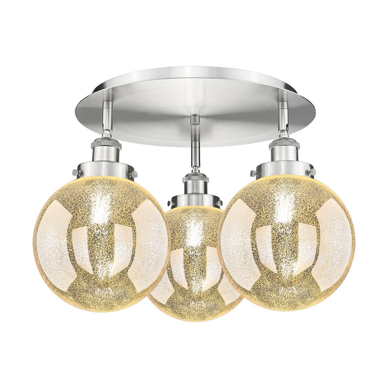 Innovations Beacon 20in 3-Light Semi-Flush Mount | Industrial Satin Nickel Steel and Mercury Glass Shade | Damp-Rated Entryway & | Model 916-3C-SN-G208-8