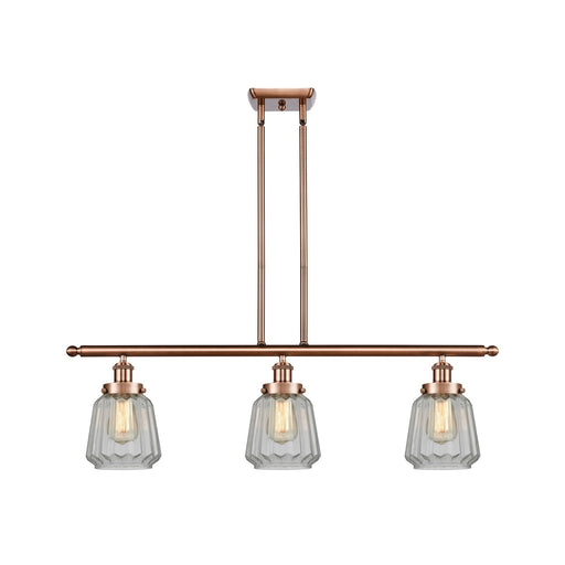 Innovations Chatham 36in 3-Light Island Light | Modern Transitional Antique Copper Steel and Cast Brass with Clear Ribbed Glass | Model 916-3I-AC-G142