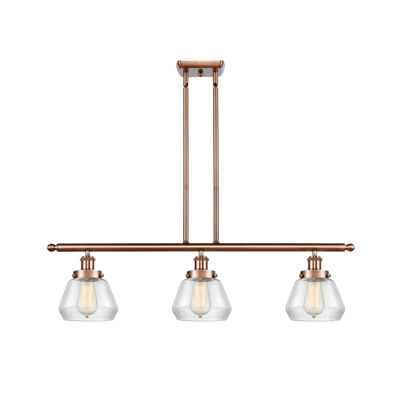 Innovations Fulton 36in 3-Light Island Light | Antique Copper Steel and Clear Glass Schoolhouse Shades | Kitchen Island & Dining | Model 916-3I-AC-G172