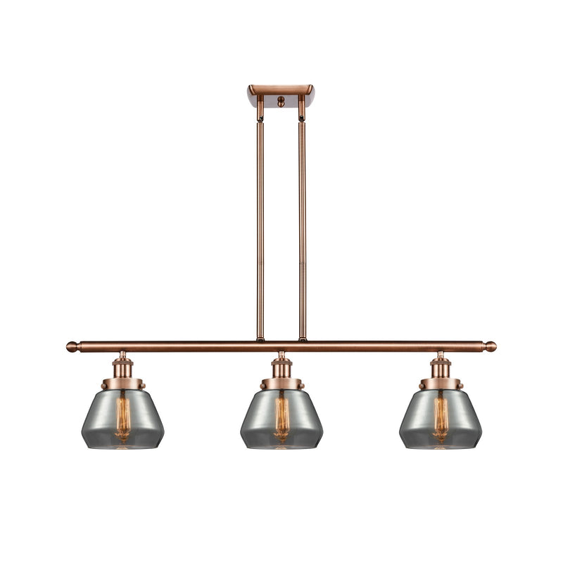 Innovations Fulton 36in 3-Light Island Light | Antique Copper Steel and Smoked Glass Schoolhouse Shades | Kitchen Island & Dining | Model 916-3I-AC-G173