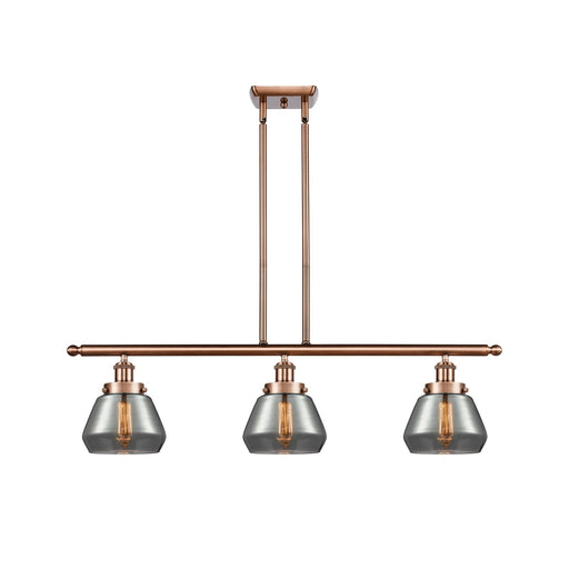 Innovations Fulton 36in 3-Light Island Light | Antique Copper Steel and Smoked Glass Schoolhouse Shades | Kitchen Island & Dining | Model 916-3I-AC-G173