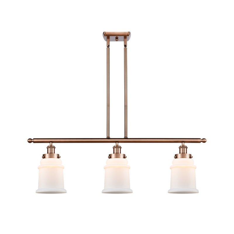 Innovations Canton 36in 3-Light Island Light | Antique Copper Steel and Matte White Frosted Glass Bell Shades | Kitchen Island & | Model 916-3I-AC-G181