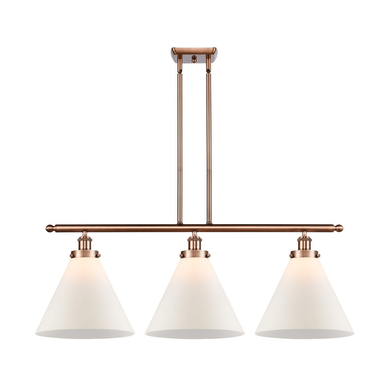 Innovations Cone 36in 3-Light Island Light | Industrial Antique Copper Steel and Matte White Frosted Glass | Kitchen Island & | Model 916-3I-AC-G41-L