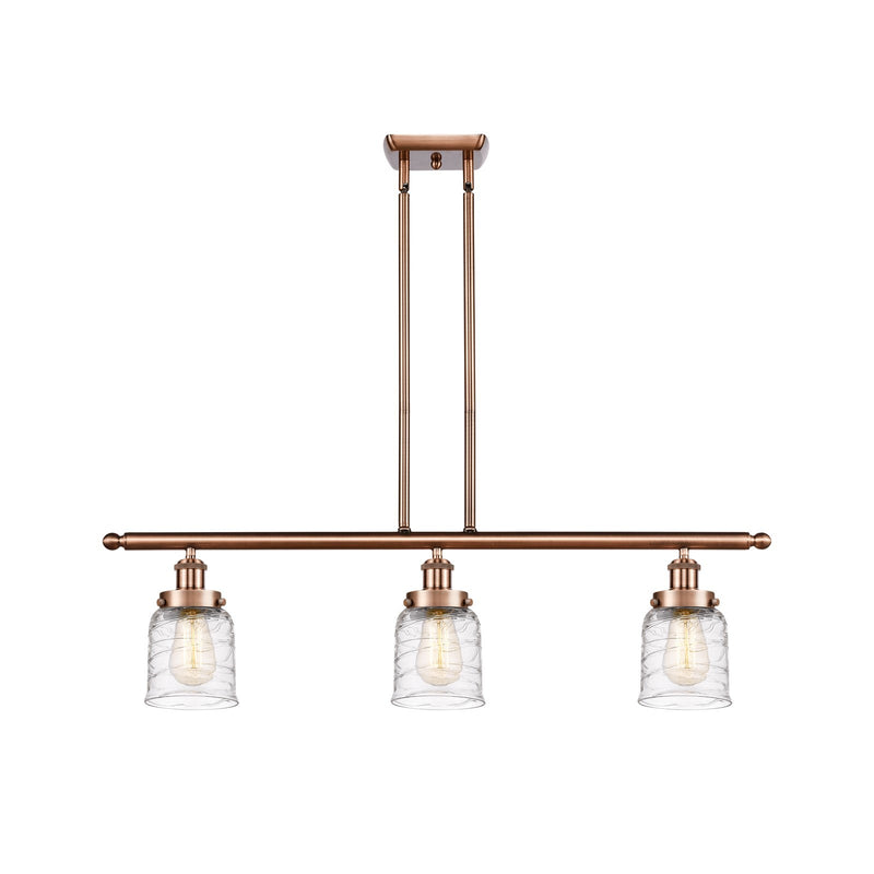 Innovations Bell 36in 3-Light Island Light | Industrial Antique Copper Steel and Clear Deco Swirl Glass | Kitchen Island & | Model 916-3I-AC-G513-LED