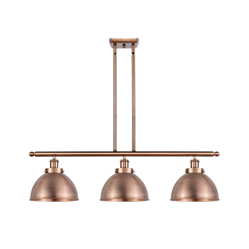 Innovations Derby 36in 3-Light LED Island Light | Industrial Farmhouse Antique Copper Steel and Cast Brass Metal Shade | Model 916-3I-AC-MFD-10-AC-LED