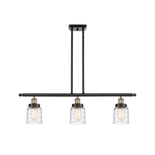 Innovations Bell 36in 3-Light Island Light | Industrial Black Antique Brass Steel and Clear Deco Swirl Glass | Kitchen Island & | Model 916-3I-BAB-G513
