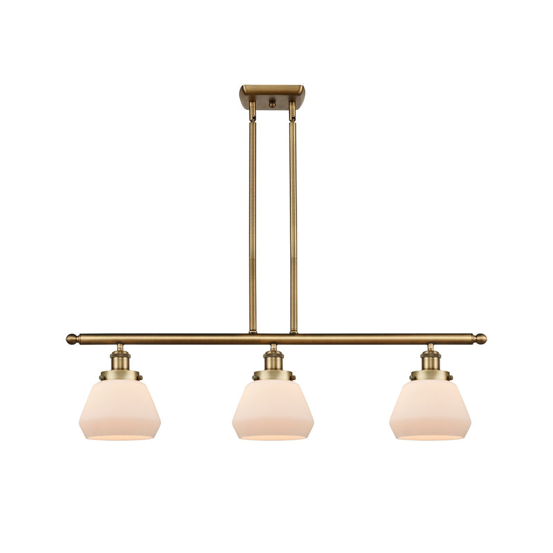 Innovations Fulton 36in 3-Light Island Light | Brushed Brass Steel and Matte White Frosted Glass | Kitchen Island & Dining Room | Model 916-3I-BB-G171