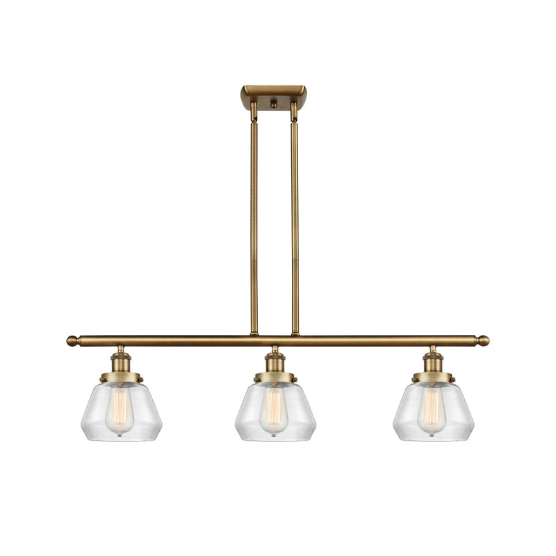 Innovations Fulton 36in 3-Light Island Light | Brushed Brass Steel and Clear Transparent Glass | Kitchen Island & Dining Room | Model 916-3I-BB-G172