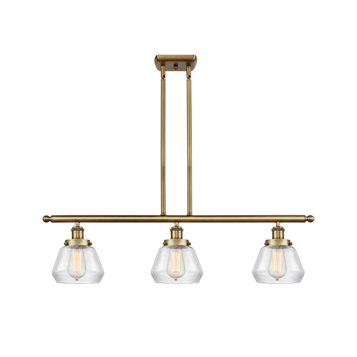 Innovations Fulton 36in 3-Light Island Light | Brushed Brass Steel and Clear Transparent Glass | Kitchen Island & Dining Room | Model 916-3I-BB-G172