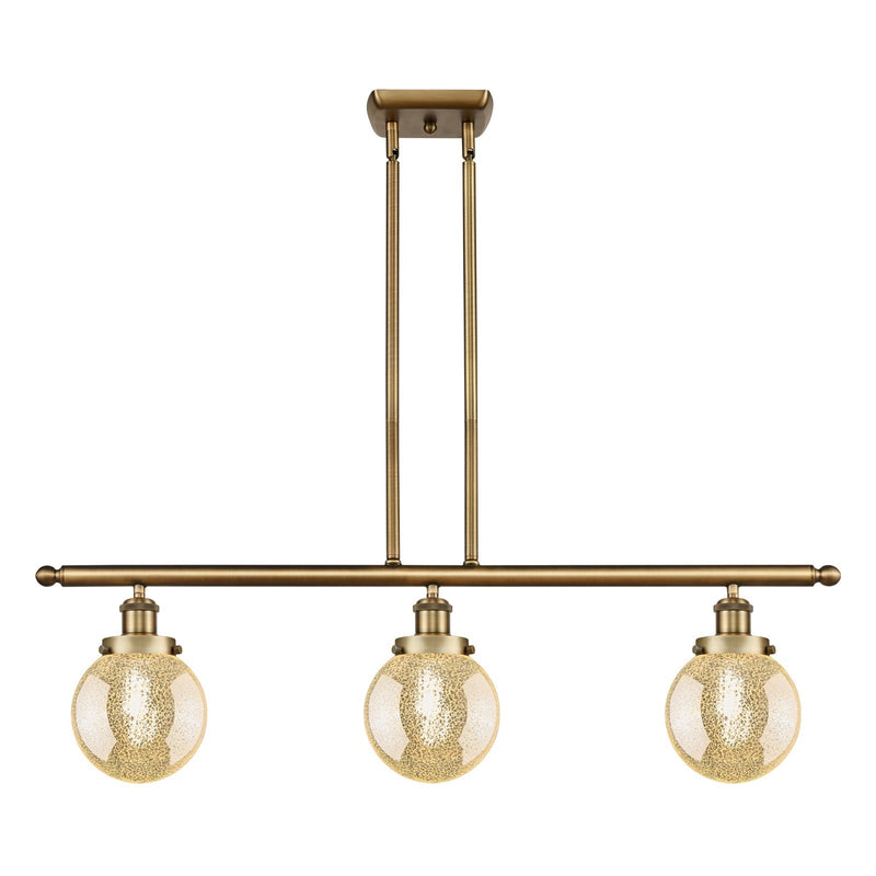 Innovations Beacon 36in 3-Light Island Light | Modern Brushed Brass Steel and Mercury Seeded Glass Globe Shades | Kitchen Island | Model 916-3I-BB-G208-6