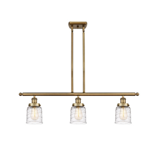 Innovations Bell 36in 3-Light Island Light | Industrial Brushed Brass Steel and Clear Deco Swirl Glass | Kitchen Island & | Model 916-3I-BB-G513-LED